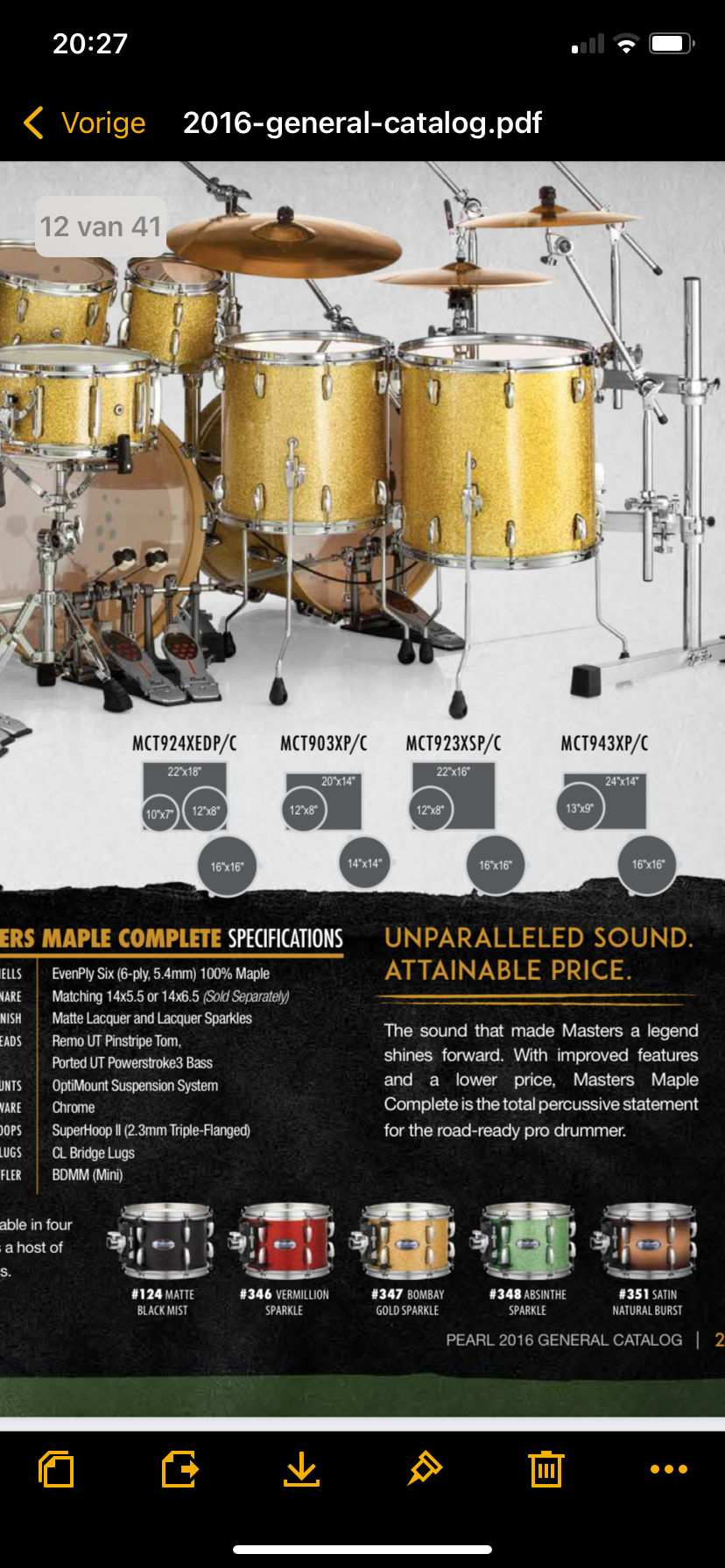 Pearl MCT-1465 Masters maple complete snare 14x6.5 inch #Vermilion sparkle